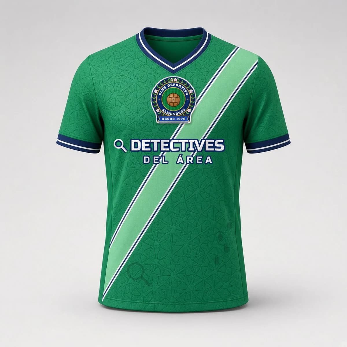 Detalle frontal de la camiseta verde del Almendros, con su escudo oficial y franja diagonal